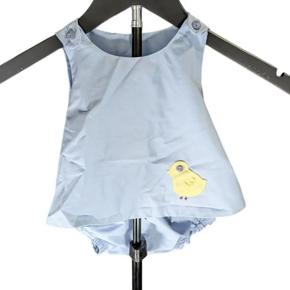 Vintage Handmade Baby Chick Applique Dress & Bloomers Set 12M Blue Outfit